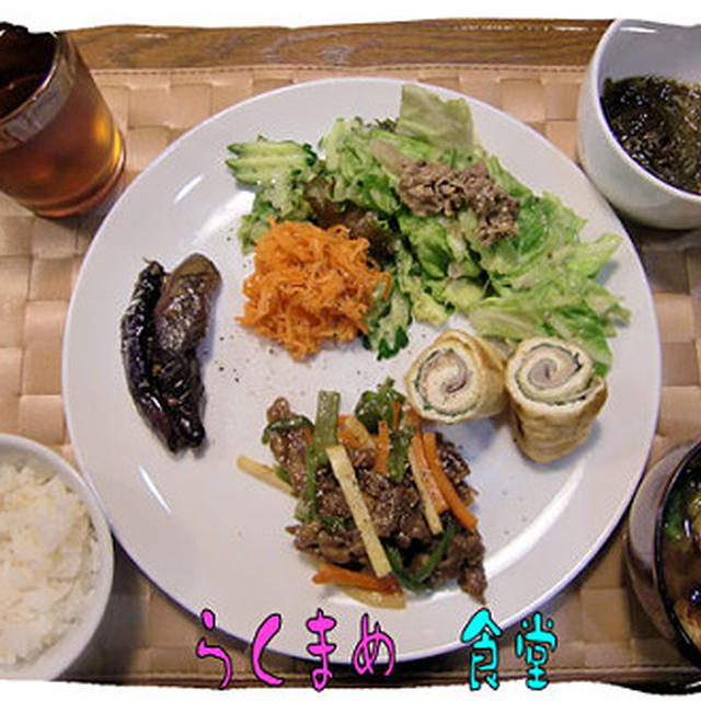 チンジャオロース＆ナスのアンチョビ炒め　バルサミコ酢風味＆油揚げロール焼きの定食♪