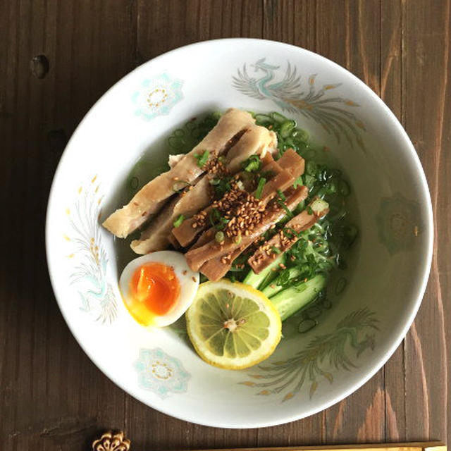 メンマ完成記念・鶏塩翡翠冷麺。