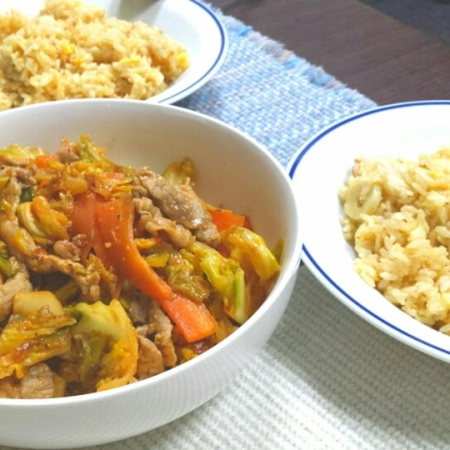 回鍋肉とちくわ炒飯のよるごはん