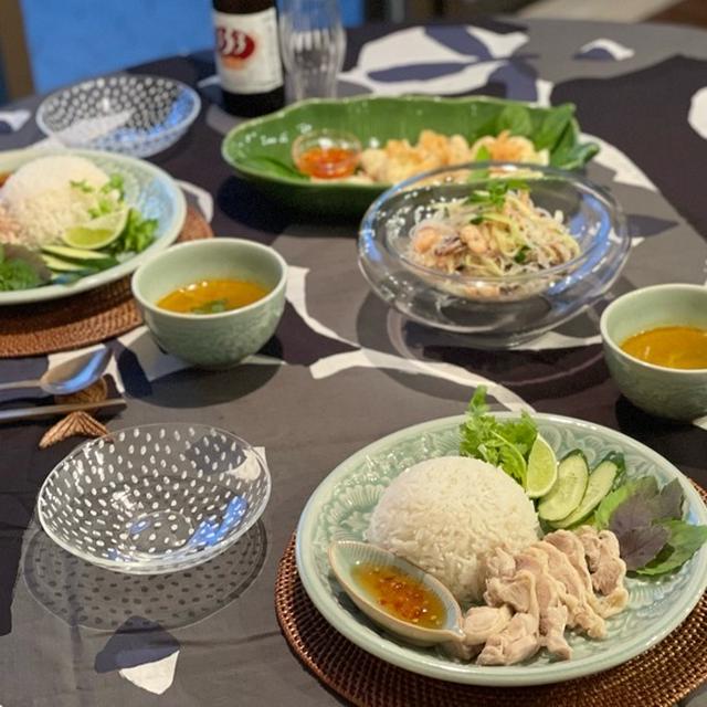 カオマンガイ、ヤムウンセン、創作揚げ物の夜ごはん