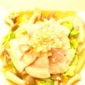 息子ちゃんの夕食☆コーンとお豆のドリア　　　茹で塩豚ネギソース