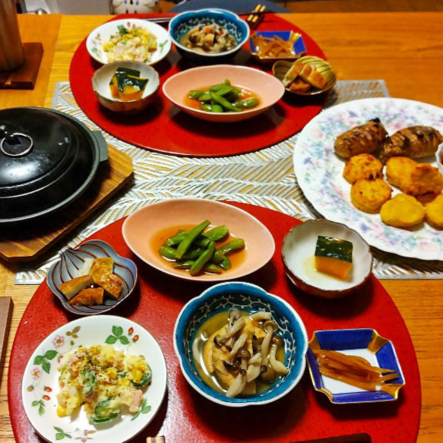 気分は居酒屋！チキンナゲットとハッセルバックポテト、コーンベーコンバターと小鉢６品で