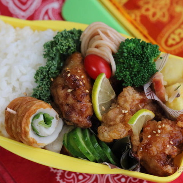 しっかり味付けの唐揚げと、さつまいもの洋風煮の弁当