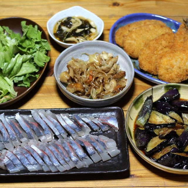 長崎県五島産ヒラス(ヒラマサ)の刺し身、ナスの揚げ浸しほか。