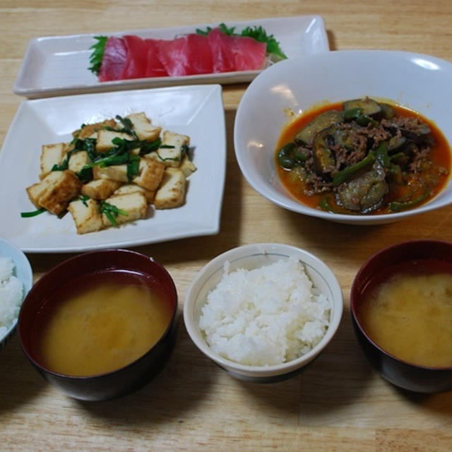 昨夜は茄子のピリ辛肉味噌炒めなど～！