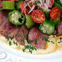 Sliced Steak and Okra Salad with Yuzu Mustard Dressingローストビーフとオクラのサラダ、柚子とんからしドレッシング