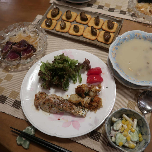 鱈のハーブオイル焼＆クラムチャウダーの晩ご飯　と　クレオメの花♪