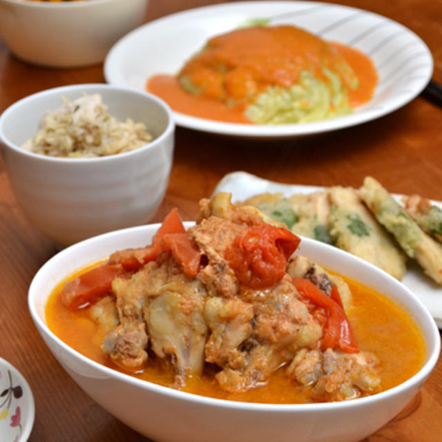 早速再・手羽元の無水塩カレー煮込みとアレンジ試作の晩ご飯。
