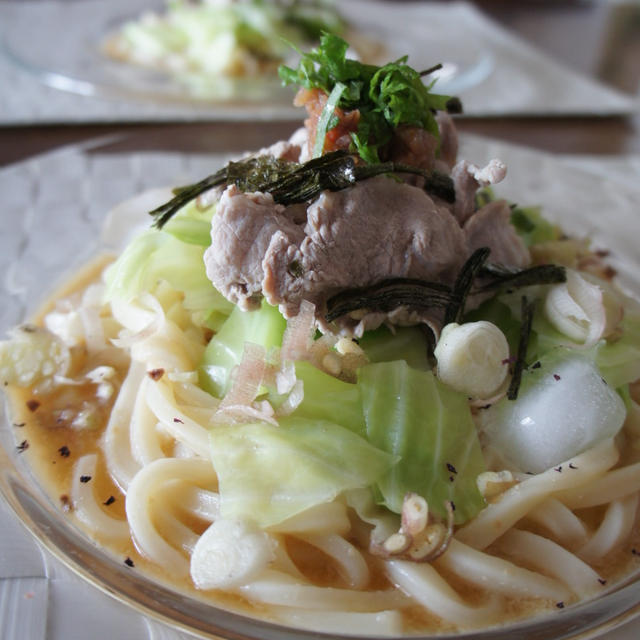 梅豚ゴマ酢冷やしうどん。　おうちで北海道スープカレー。
