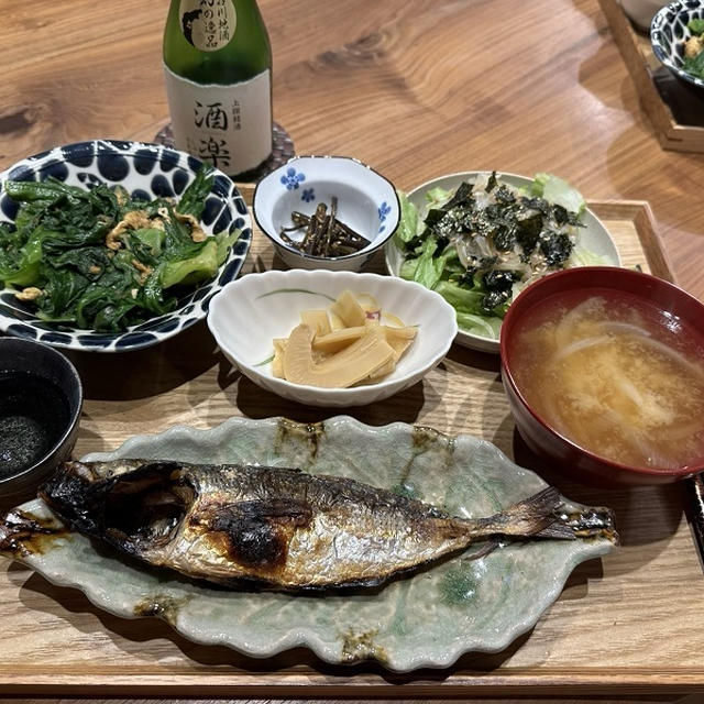 【献立】鯵の塩焼き、レタスと卵のオイスターソース炒め、たけのこの煮物、わらびのナムル風、レタスと新玉ねぎとわかめと韓国海苔のサラダ、新玉ねぎのお味噌汁、日本酒