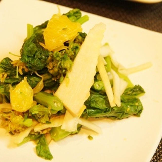 菜の花・タケノコ・甘夏の和え物、鯖と椎茸のオイスター煮、じゃがいもとニンジンの塩麹金平