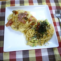 早ゆで2分でカルボナーラとたらこスパゲティ