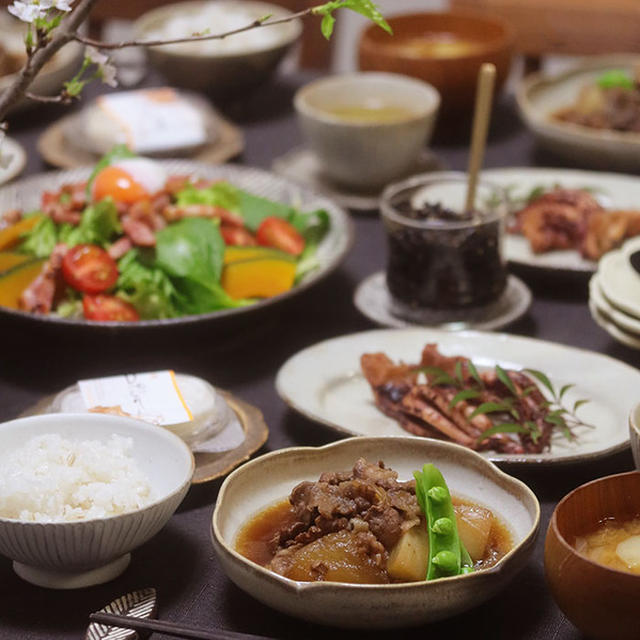【献立】牛肉とかぶの煮物と、いかげそ焼きと、シーザーサラダなど。～たかが34日、されど34日～