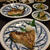 ブリかまの山椒塩焼きと茎ワカメのたいたの♪ 新しい砥部焼の器。