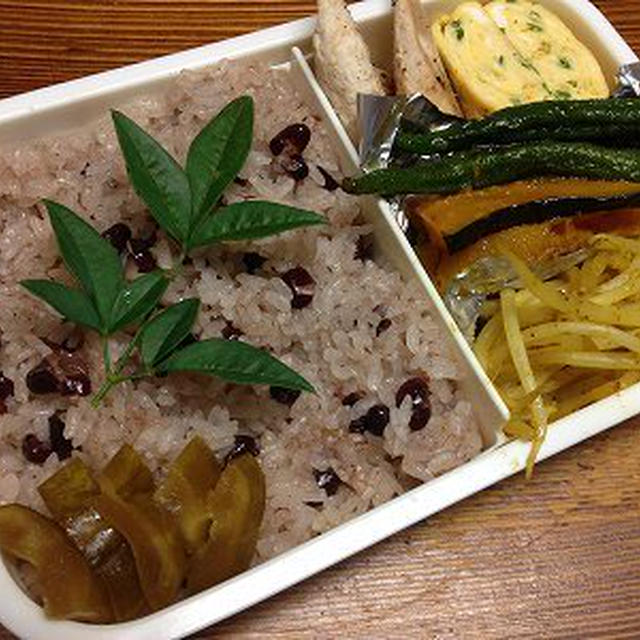 赤飯弁当。庭のミニ花壇