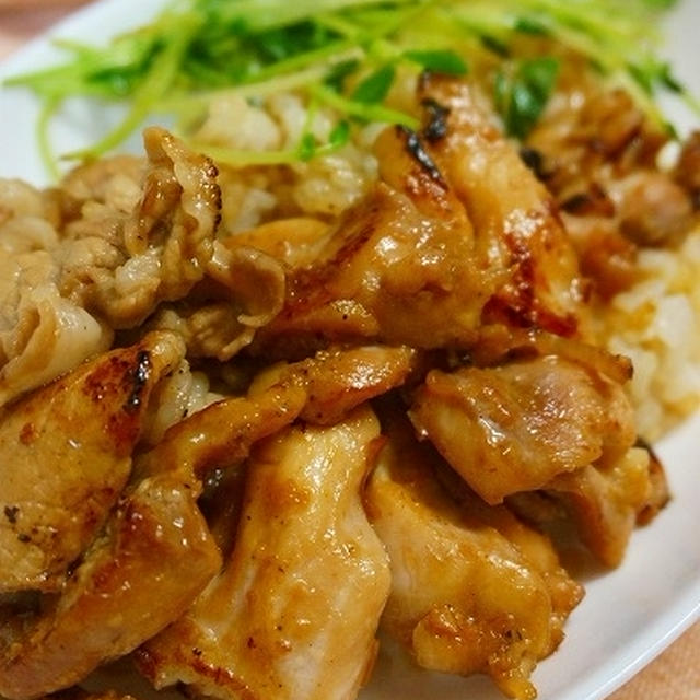 鶏もも＆豚の豆苗添え焼肉風メシ　フキノトウ味噌　ほうれん草のお浸し　せりのお浸し　アスパラの生ハム巻とミニトマト焼き　　野菜スティック＆バーニャカウダ