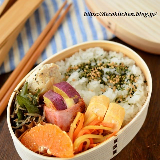 息子が掘ってきたさつまいもを使った「さつまいもとチーズのベーコン巻き」のお弁当