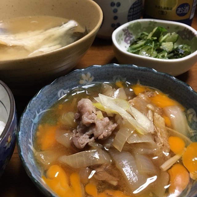 2/5☆夜ご飯☆すき煮風・鶏天・酢の物・茶碗蒸し・魚汁
