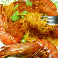 簡単！豪華！美味しい！野菜ジュースで有頭海老のパスタ