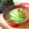 スナップエンドウと炒り卵のお味噌汁【福島クッキングアンバサダー】包丁使わない、お鍋ひとつで作れる簡単おいしいお味噌汁。