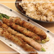 楽うま！アスパラ豚バラ肉巻と残った油で作るニンニクライス！