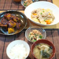 夕食☆かぼちゃと小豆のいとこ煮　STAUBで！めんつゆ肉じゃが　菜の花と大根の胡麻味噌マヨ和え