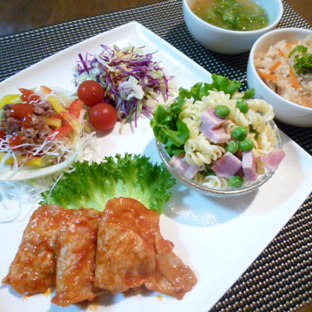 豚肉のケチャップクリーム炒めと揚げはる雨サラダの献立　夕ご飯