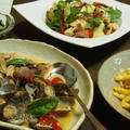 イサキのアクアパッツァ　　ポテトとソーセージのカルボナーラ　　カリカリバゲットとパンチェッタのサラダ