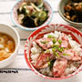 レモン風味のイカのスタミナ丼 / 砂肝とトマトのバジルオイル炒め