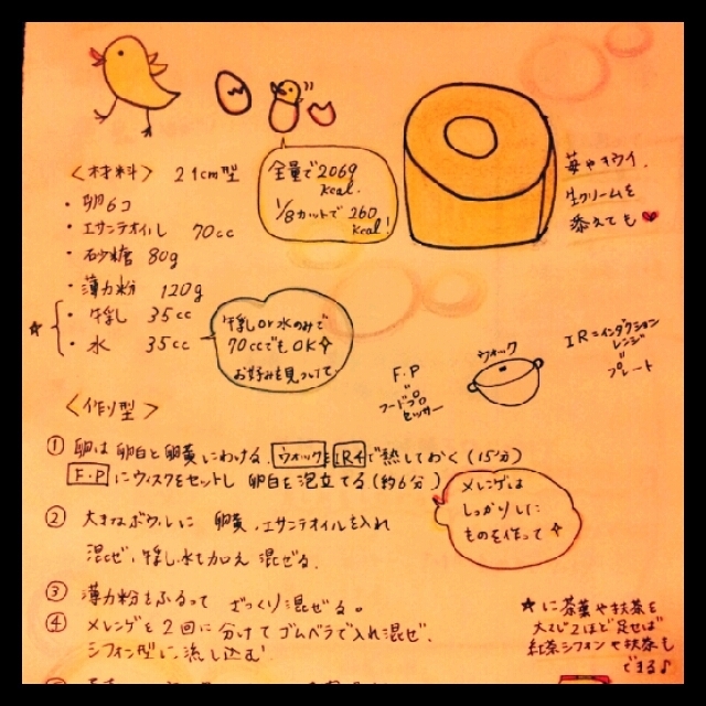 手書きのレシピ ｱﾑｳｪｲ器機で作る簡単healthyシフォン By Fu Kaさん レシピブログ 料理ブログのレシピ満載