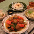 レシピ付き献立　肉団子のトマト煮・えびのふわふわ揚げ・春雨の中華風酢の物・小松菜の塩炒め