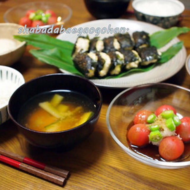 鶏つくねの磯辺揚げと冷やしトマトとオクラのおろしポン酢がけ