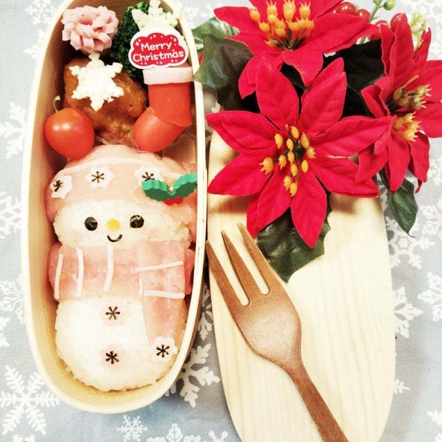 生ハムで雪だるまおにぎり弁当【わっぱ弁当箱】#平日お昼ご飯はお弁当or外食