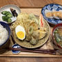 【献立】天ぷら、お漬物、こんにゃくの味噌田楽、わかめのお味噌汁