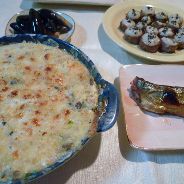 豆腐グラタンと糠さんまの献立　夕ご飯