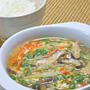 台風でお疲れ〜の晩ご飯は、ぴかぴかの新米に宮崎産乾しいたけと水菜の具だくさんスープ。