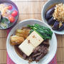 肉豆腐　　アサリと海老の塩スープ　　　　　　　　　　　　茹でナスのピリ辛タマネギソース
