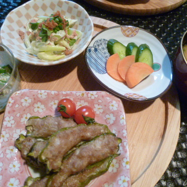 甘長唐辛子の肉詰めとオクラチーズの献立（2日分）　夕ご飯