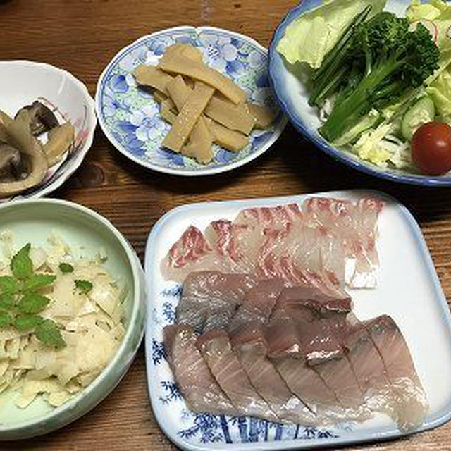 鯛とさごしの刺身とひめ皮の胡麻酢和え。メンマづくり