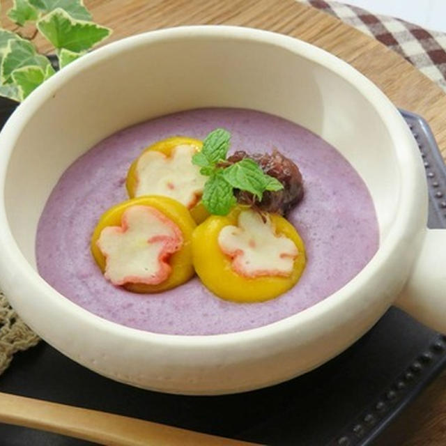 朝ベジ☆ハロウィンカラーの紫芋お汁粉ぜんざい(かぼちゃ白玉入り)