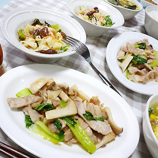 「豚肉と青梗菜の塩炒め♪」献立（夕食・肉）