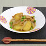 レシピ--肉じゃが（豚肉）カレー味にアレンジ/牧田亮氏（ま工房）の七寸丸三角皿（くす玉紋）