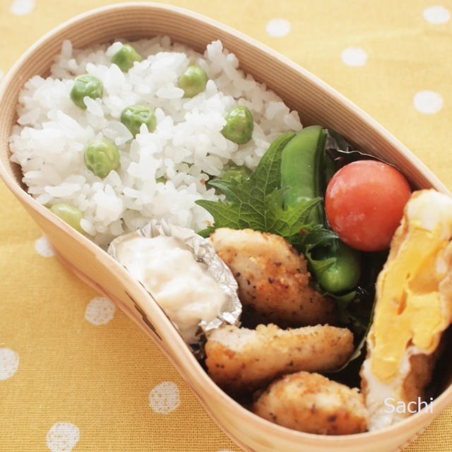 曲げわっぱ弁当｜キューピー具だくさんレモンタルタルで鶏のパン粉焼きと豆ごはん＜PR＞