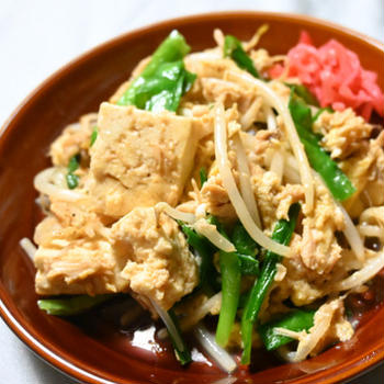 豆腐マーミナーチャンプルー。高たんぱくでとってもヘルシー、おかずにもおつまみにもなる簡単料理。