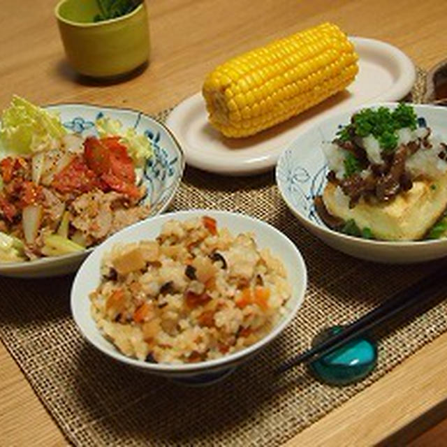 ■メニュー■豚とセロリのトマト炒め、揚げ出し豆腐、とうもろこし、ちらし寿司＊６月２６日