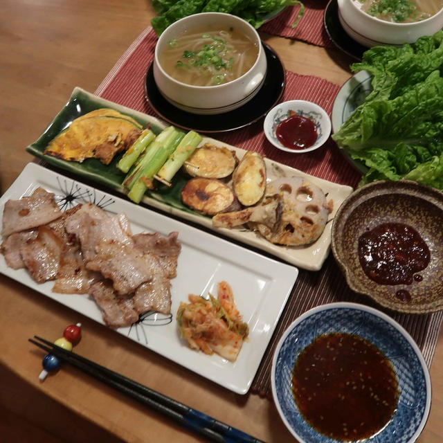 サムギョプサル＆野菜のジョンのなんちゃって韓国飯　と　奇妙な花♪