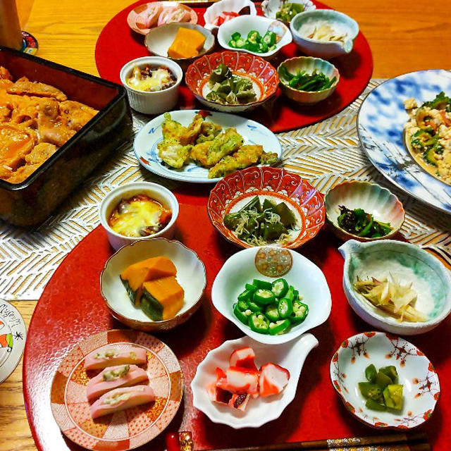 豚みそ丼、ゴーヤチャンプルー、小鉢９品で晩酌