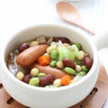 冷凍ビーンズ活用～ウインナーとミックスビーンズのスープ♪＆柿の種 by ei-recipeさん