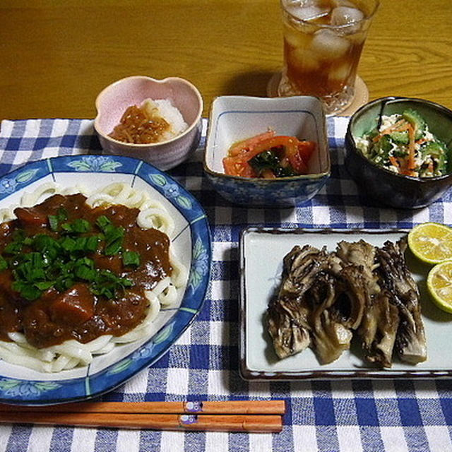 【夕食】カレーうどん・ゴーヤの白和え・舞茸のグリル…
