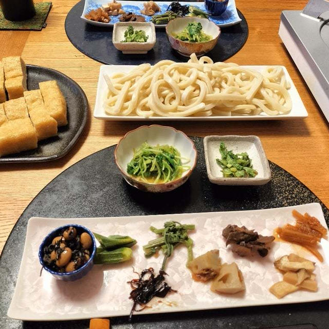 ごま豆乳鍋のもとでうどんすき、栃尾揚げ、小鉢10品で晩酌